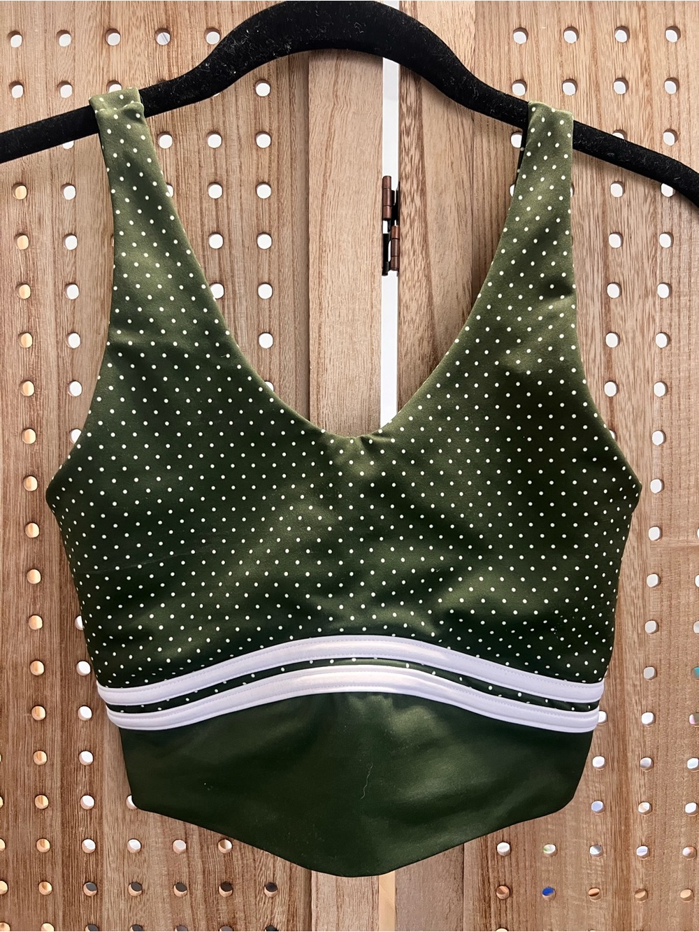 Wilo The Label Olive Polka Dot Sports Bra with White Stripe Trim XS